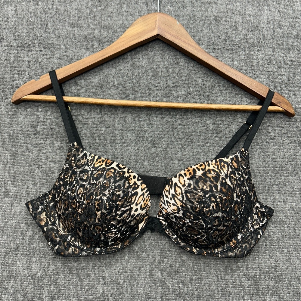 Victorias Secret Black Leopard Lace 36B Very Sexy Push Up Bra Cheetah